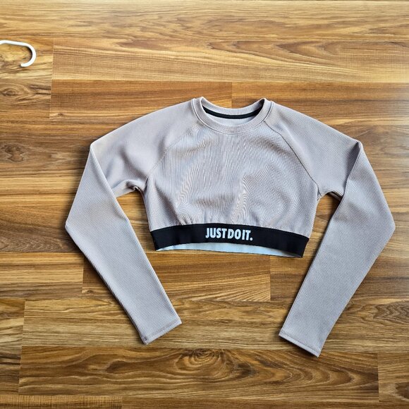 Nike Ribbed Just Do It Long Sleeve Crop Tee Top Grey/Ivory Size Medium [H172] - Picture 1 of 6